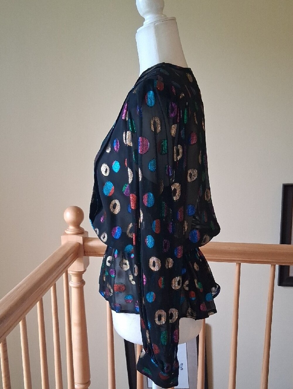 Vintage Lloyd Williams 1980s Metallic Bling Multi-Color Wrap-Style Peplum Blouse - Picture 3 of 9